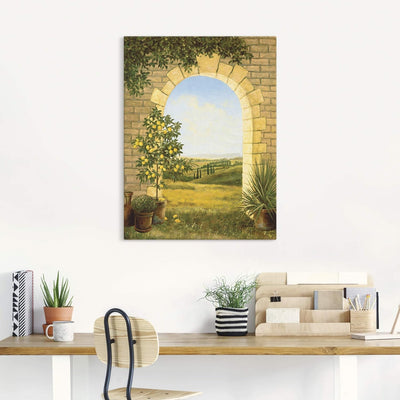 Artland Leinwandbild Wandbild Bild auf Leinwand 60x80 cm Wanddeko Fensterblick Toskana Landschaft Na