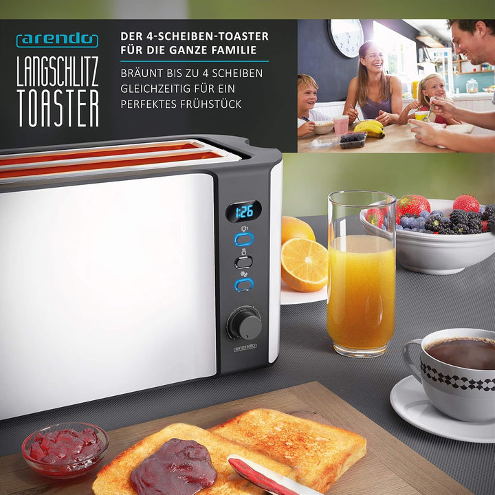 Arendo - Edelstahl Toaster Langschlitz 4 Scheiben, Defrost Funktion, Wärmeisolierendes Gehäuse mit i