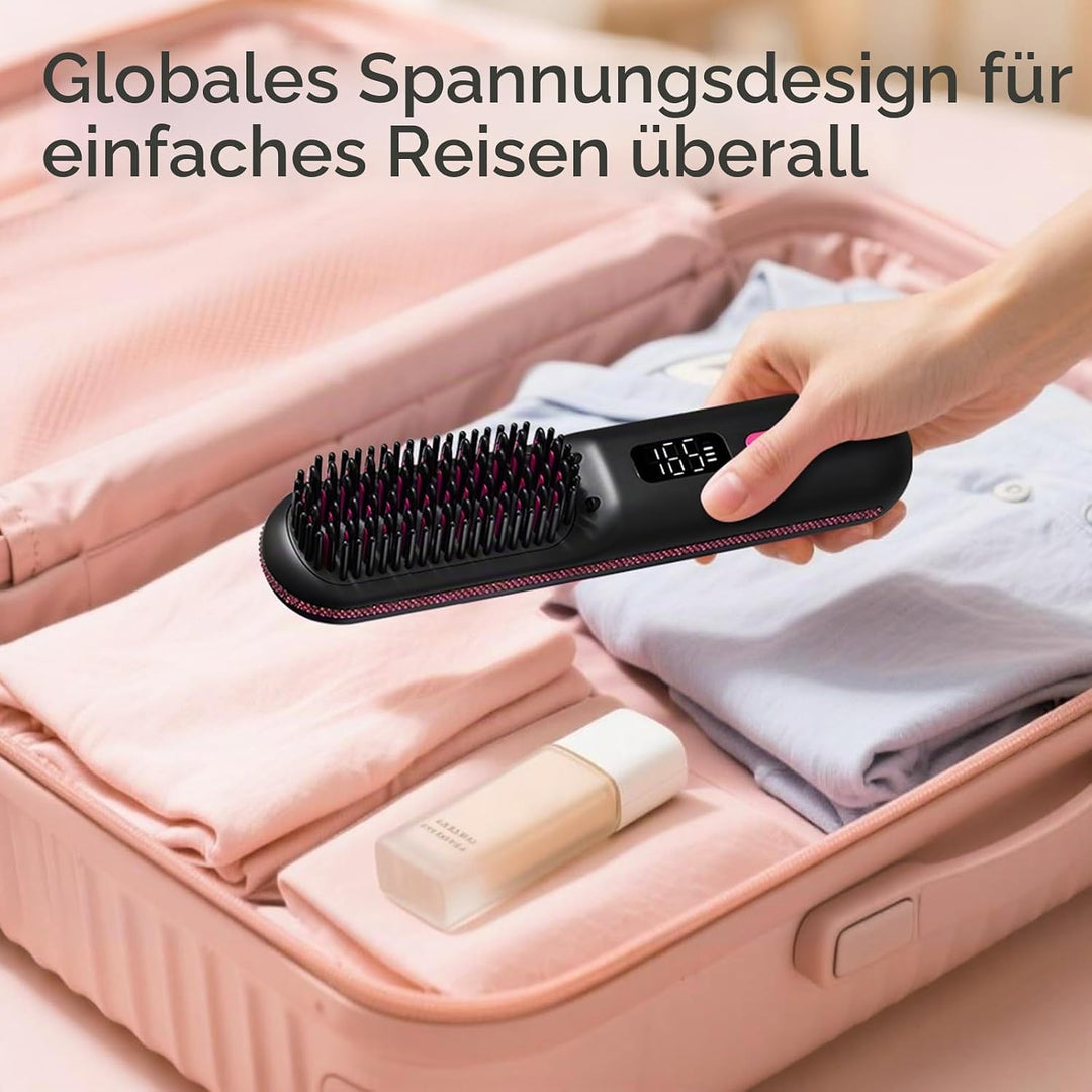 Glättbürste Kabellos 9600mAh, 9 Wärmestufen(140–230°C) CHaarglätter Bürste mit Millionen Negative Io