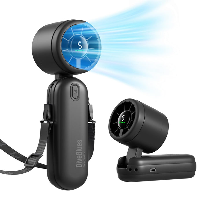 Diveblues 3-in-1 Handventilator Turbo Ventilator mit 4000mAh USB-Akku Aufladbar, 5 Stufen, Faltbar T