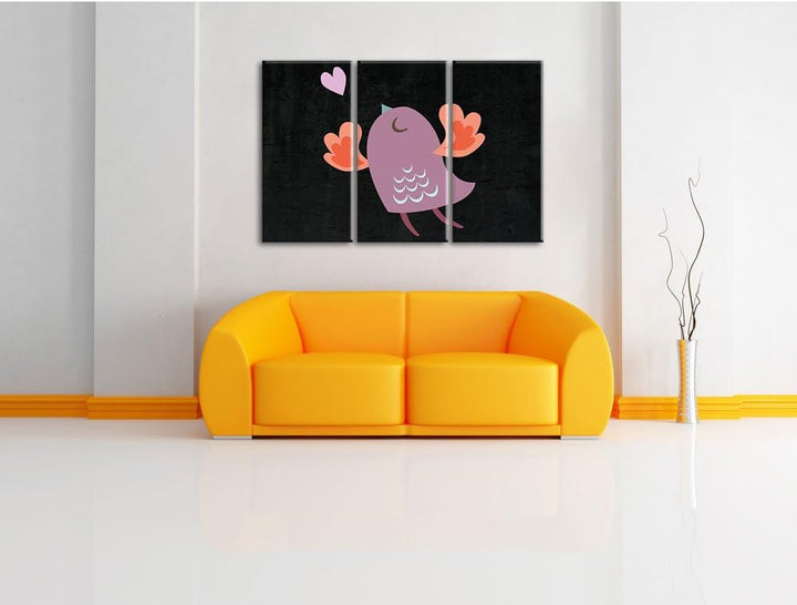 Pixxprint Niedlicher Vogel mit Herz als Leinwandbild/Grösse: 3 Teilig (120x80) cm/Wandbild/Kunstdruc