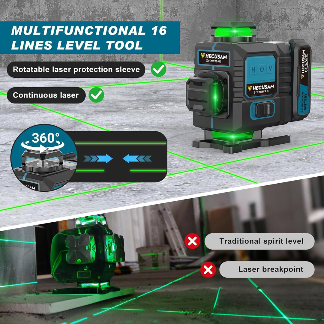 Kreuzlinienlaser mit Stativ, Hecusam LüCkenloser Linienlaser mit 360°-Rotationsfenster, 4 x 360° Las