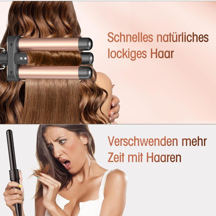 Lockenstab 3 Fässer, Beach Waves Welleneisen mit einstellbarer Temperatur, PTC Schnellheizung Schnel