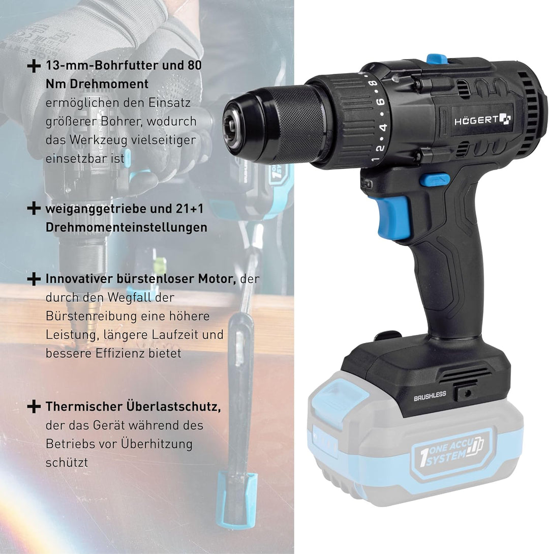 HÖGERT TECHNIK Bürstenloser Akku-Bohrschrauber 18V, 80 Nm Drehmoment, 13 mm Bohrfutter, 20+1 Drehmom