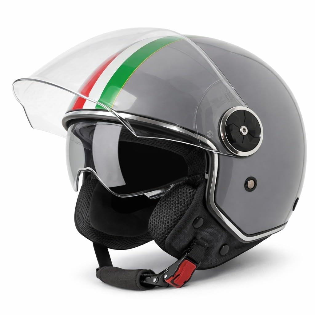 VINZ Neiva Jethelm mit Doppelvisier | Roller Helm mit Italienische Flagge &amp; mit Sonnenblende | In Gr
