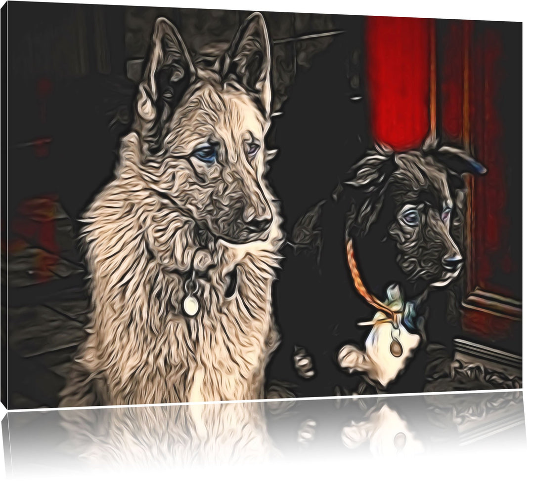 zwei Hunde auf dem Teppich Deluxe Format: 100x70 cm auf Leinwand, XXL riesige Bilder fertig gerahmt