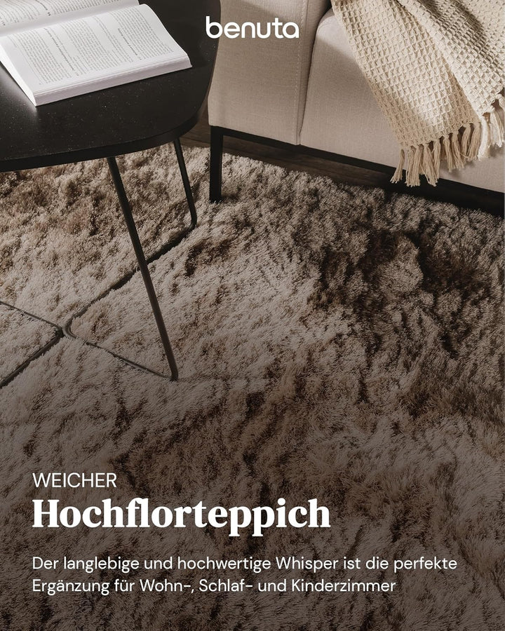 benuta Nest Hochflorteppich Whisper - Hellbraun 120x170 cm - Kuschelig Weicher Teppich für Schlaf- u