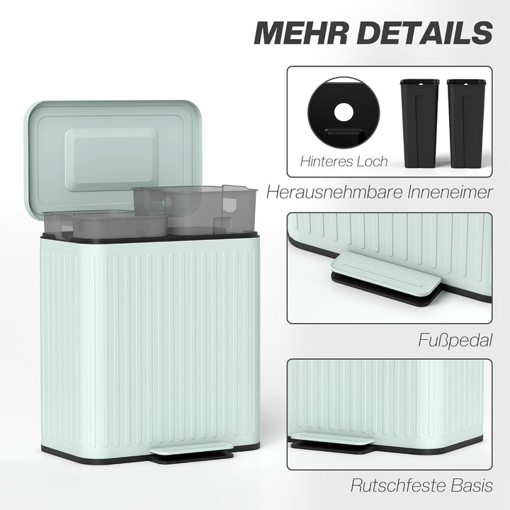 HOMCOM Mülleimer Küche 2 x 20 Liter Treteimer mit Abfallsortiersystem, Soft-Close-Deckel, Offenhalte
