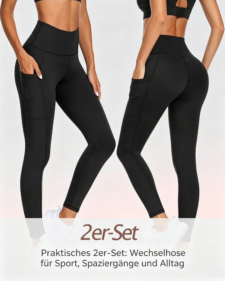 DDOBB 2er Pack Sport Leggings Damen High Waist Sportleggins Damen Lang Mit Taschen Gym Leggings Blic