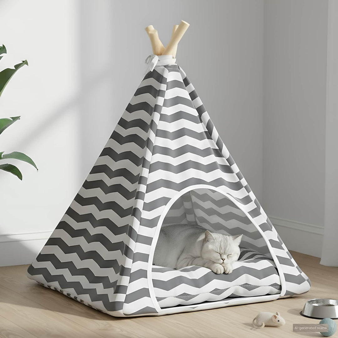 Haustier-Tipi mit Kissen Weiss Grau, Polyester 50 x 50 x 60 cm, faltbar mit Kiefernholzstangen, atmu