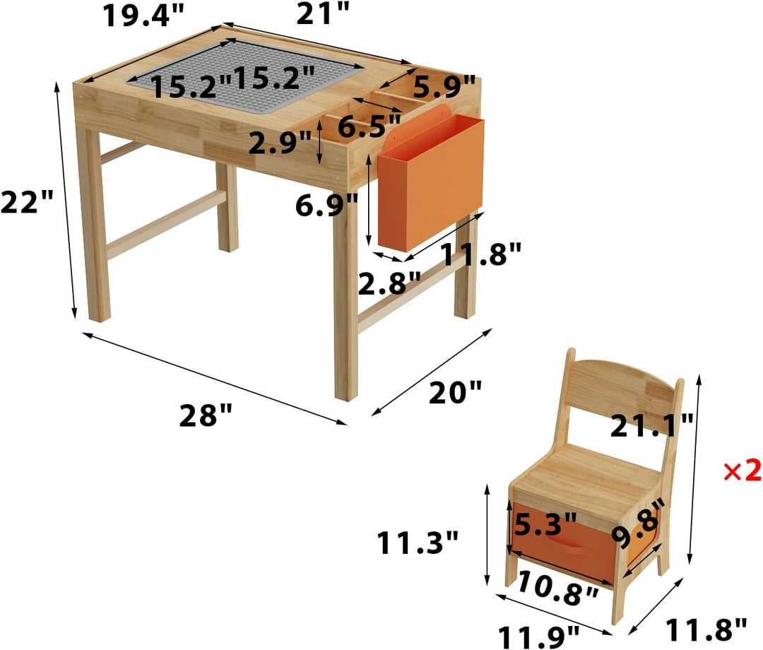 Kindertisch mit 2 Stühlen – Bausteine-Tisch aus Naturholz, Spieltisch mit Schublade & Stofftasche, H