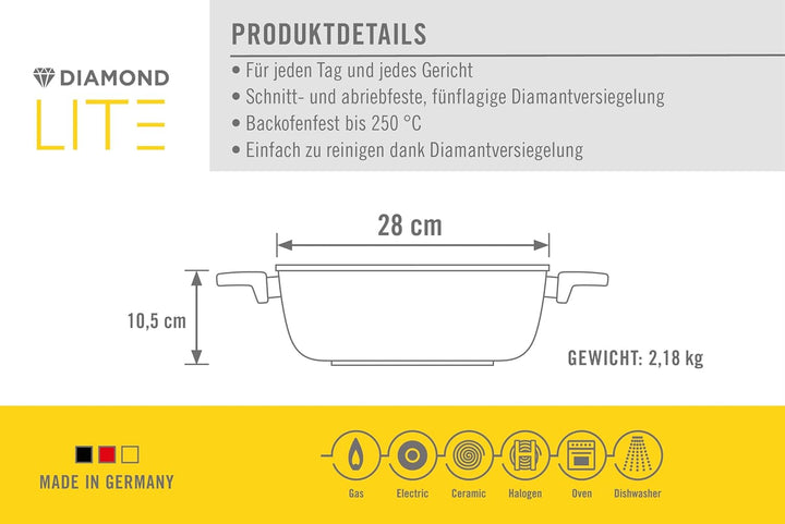 Woll Diamond Lite Kasserolle, Ø 28 cm, 10.5 cm hoch, 5.5 Liter, mit 2 Seitengriffen - Geeignet für C
