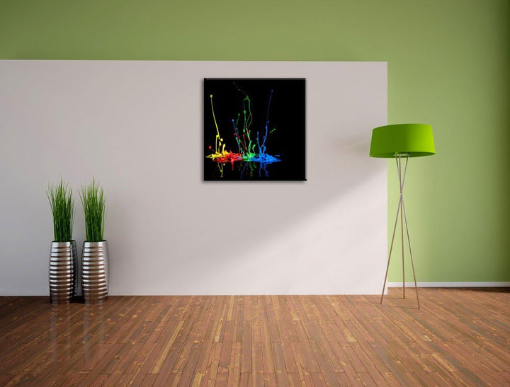 Dark Farbspritzer, Format: 70x70 auf Leinwand, XXL riesige Bilder fertig gerahmt mit Keilrahmen, Kun