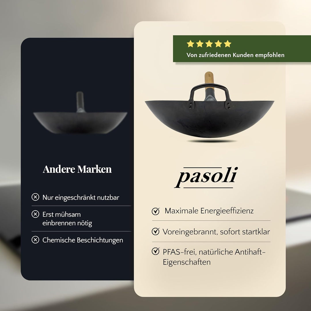 pasoli Wok für Gasherd und Grill inkl. gratis Rezepte eBook - voreingebrannt - Asiapfanne mit rundem