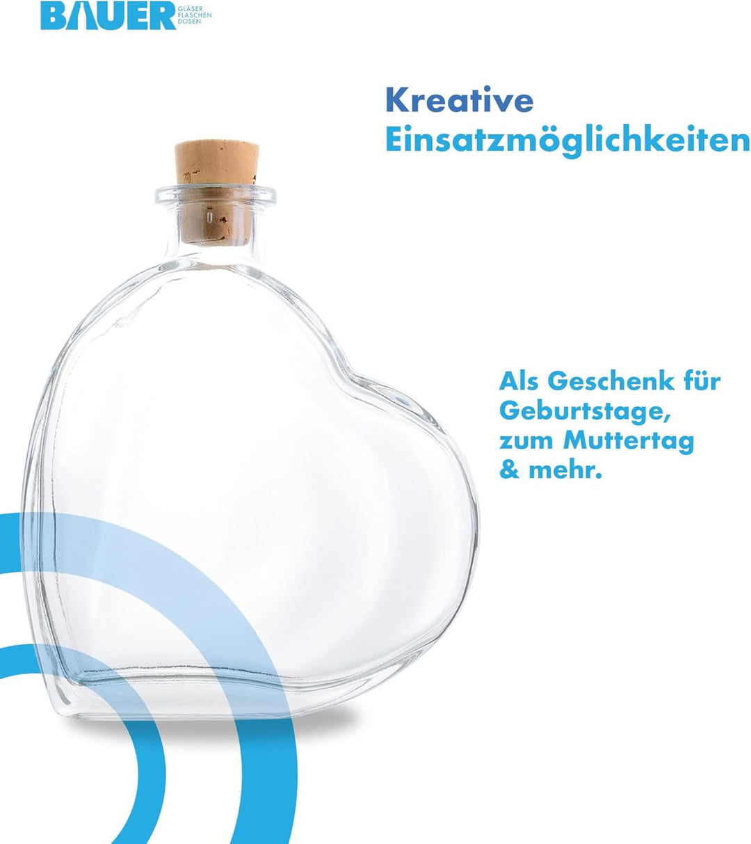 Flaschenbauer - 9 x Herz Flasche Passion: Glasflasche Herz 200 ml - 9 Mini Glasflaschen mit Korken v