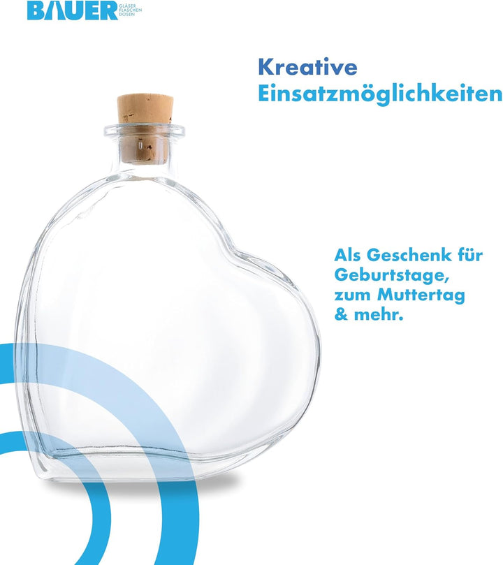 Flaschenbauer - 9 x Herz Flasche Passion: Glasflasche Herz 200 ml - 9 Mini Glasflaschen mit Korken v