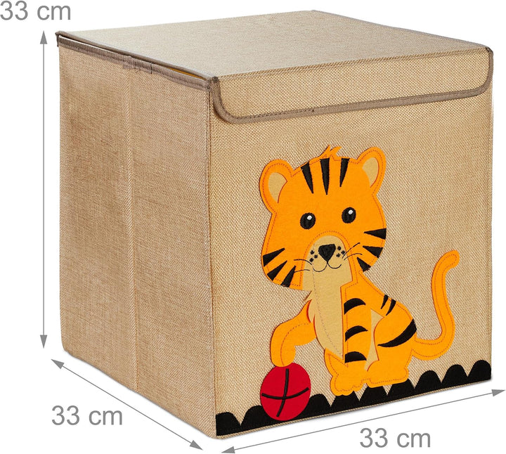 Relaxdays Aufbewahrungsbox, Tiger-Motiv, Stoffbox für Kinder, faltbar, HBT: 33 x 33 x 33 cm, Spielze