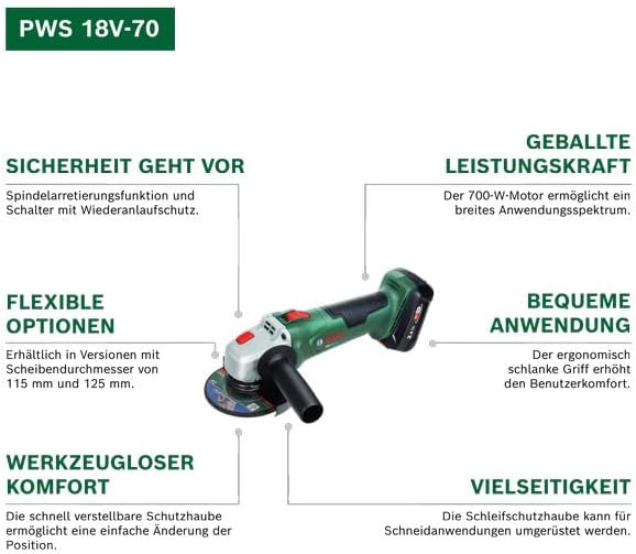Bosch 18V System Akku-Winkelschleifer PWS 18V-70 (Für kleine bis mittlere Trenn- und Schleifarbeiten