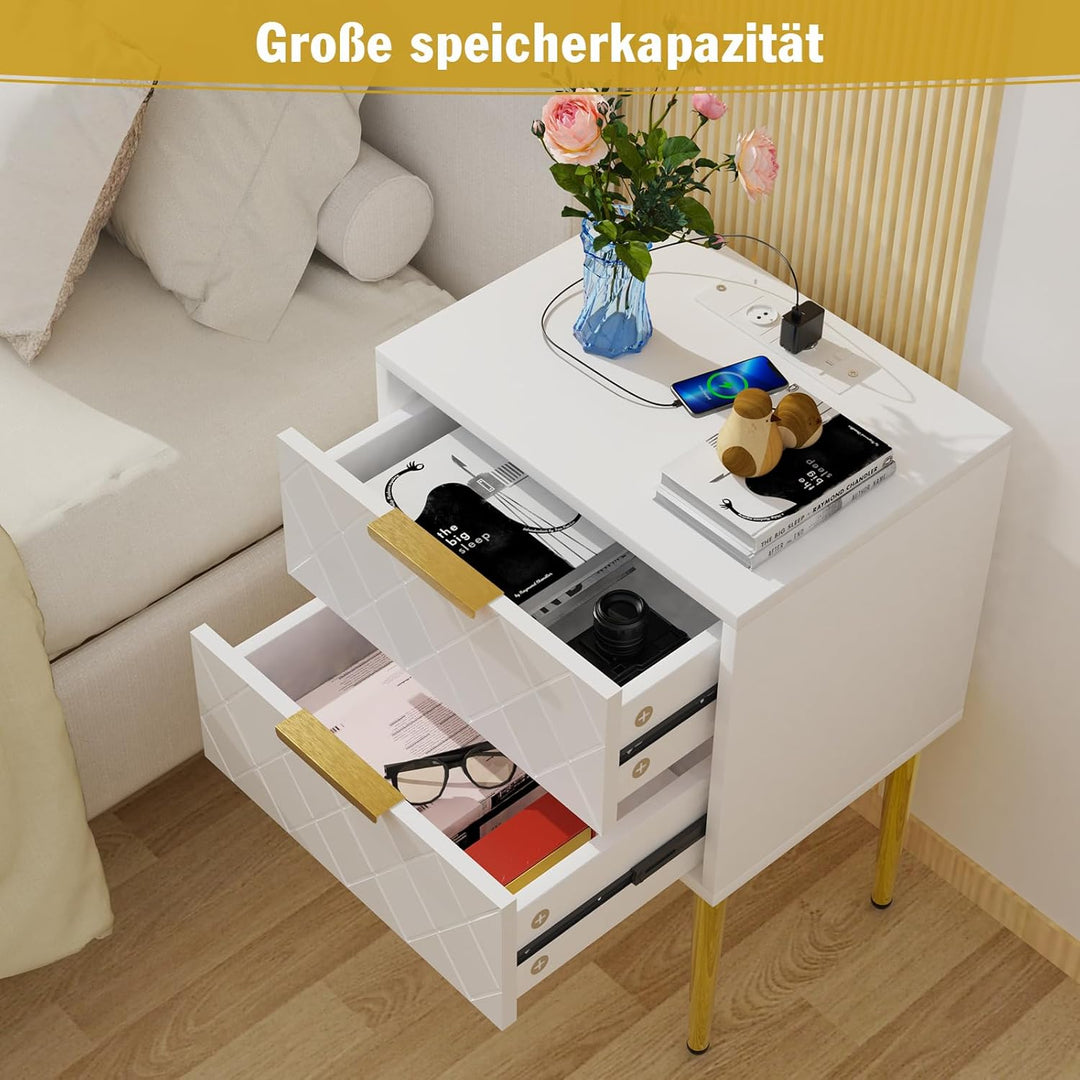 Nachttisch mit Ladestation, 2er Set, Nachtschrank mit 2 Schublade, 2 AC-Steckdosen, 2 USB-Anschlüsse