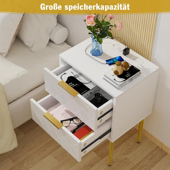 Nachttisch mit Ladestation, 2er Set, Nachtschrank mit 2 Schublade, 2 AC-Steckdosen, 2 USB-Anschlüsse