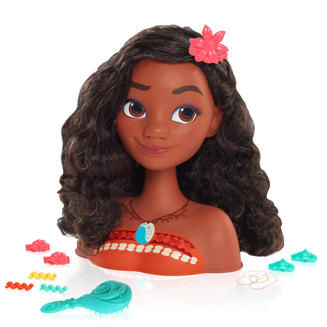 Just Play Disney Princess Moana Frisierkopf mit Zubehör, 14-teilig, schwarzes Haar, braune Augen, Ki