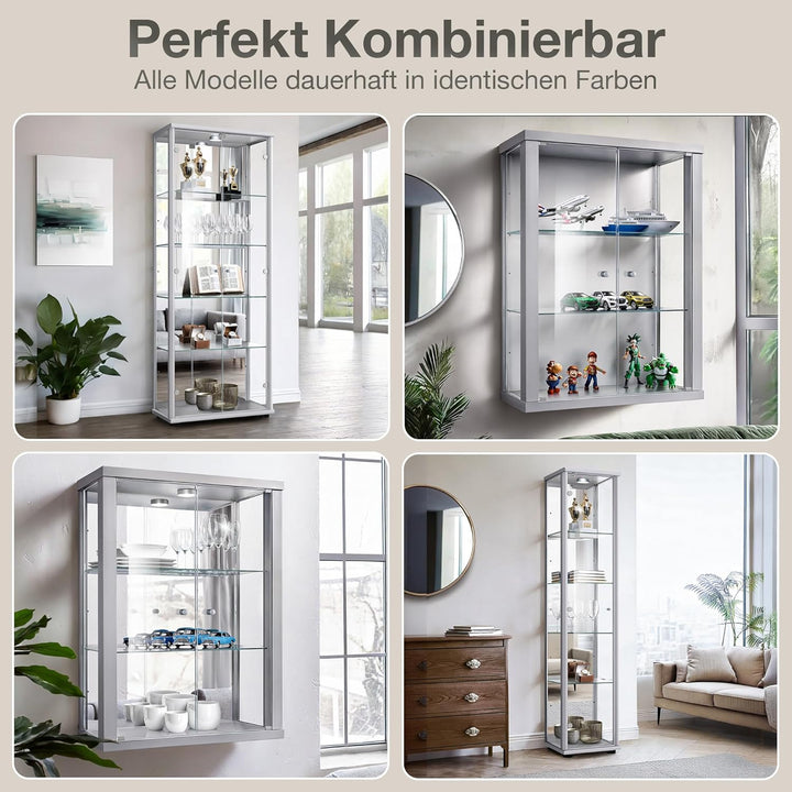 K-Möbel Hängevitrine Glas in Alu/Silber (80x60x25 cm) mit 2 höhenverstellbaren Glasböden - Modellaut