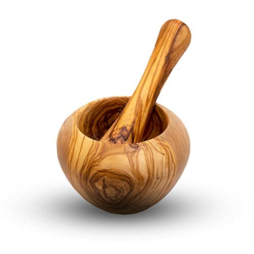 Mörser mit Stössel aus Olivenholz, Kräutermörser, handgefertigt mit Naturrand, Küchenmörser Holzmörs