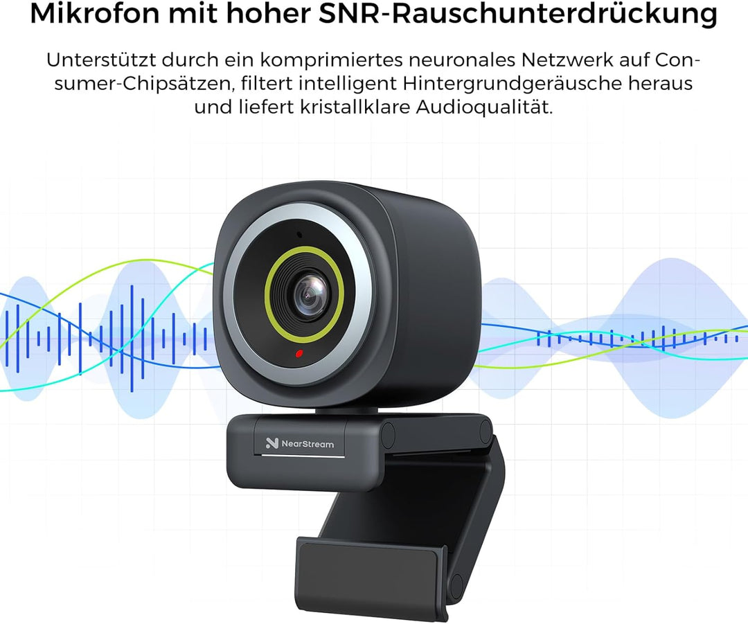 NearStream FHD Webcam 2K mit Mikrofon,PC Kamera mit Autofokus,90°Blickfeld,USB-Anschluss, Abdeckblen