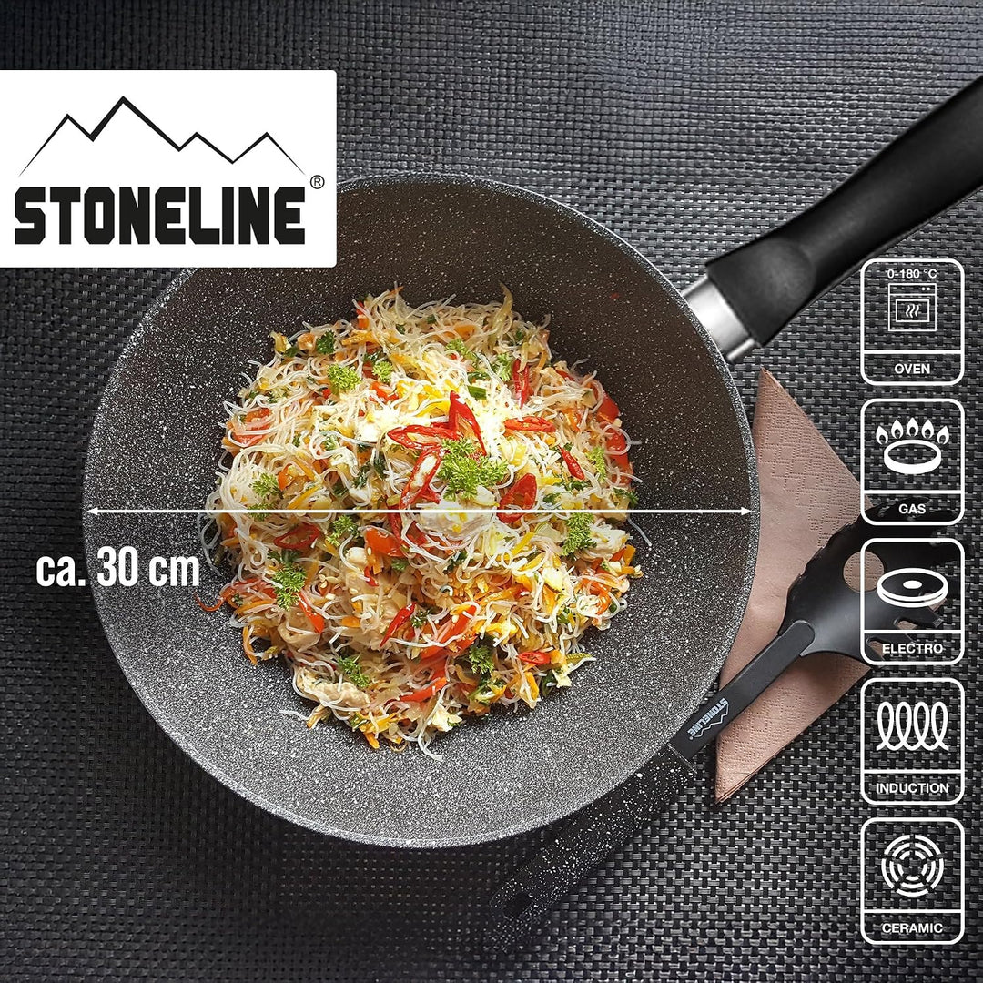 STONELINE Wok 30 cm, auch für öl- und fettfreies Braten, Wok Pfanne antihaft beschichtet mit echten