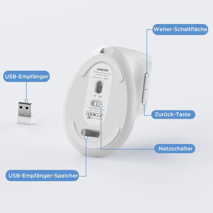 Uineer Vertikale Maus kabellos, 2,4G ergonomische Maus mit Akkuanzeige, 4 Stufen DPI, computermaus f