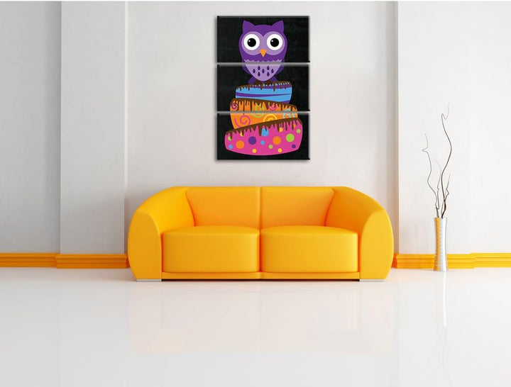 Pixxprint Eule auf Torte als Leinwandbild/Grösse: 3 Teiler (120x80) / Wandbild/Kunstdruck/fertig bes