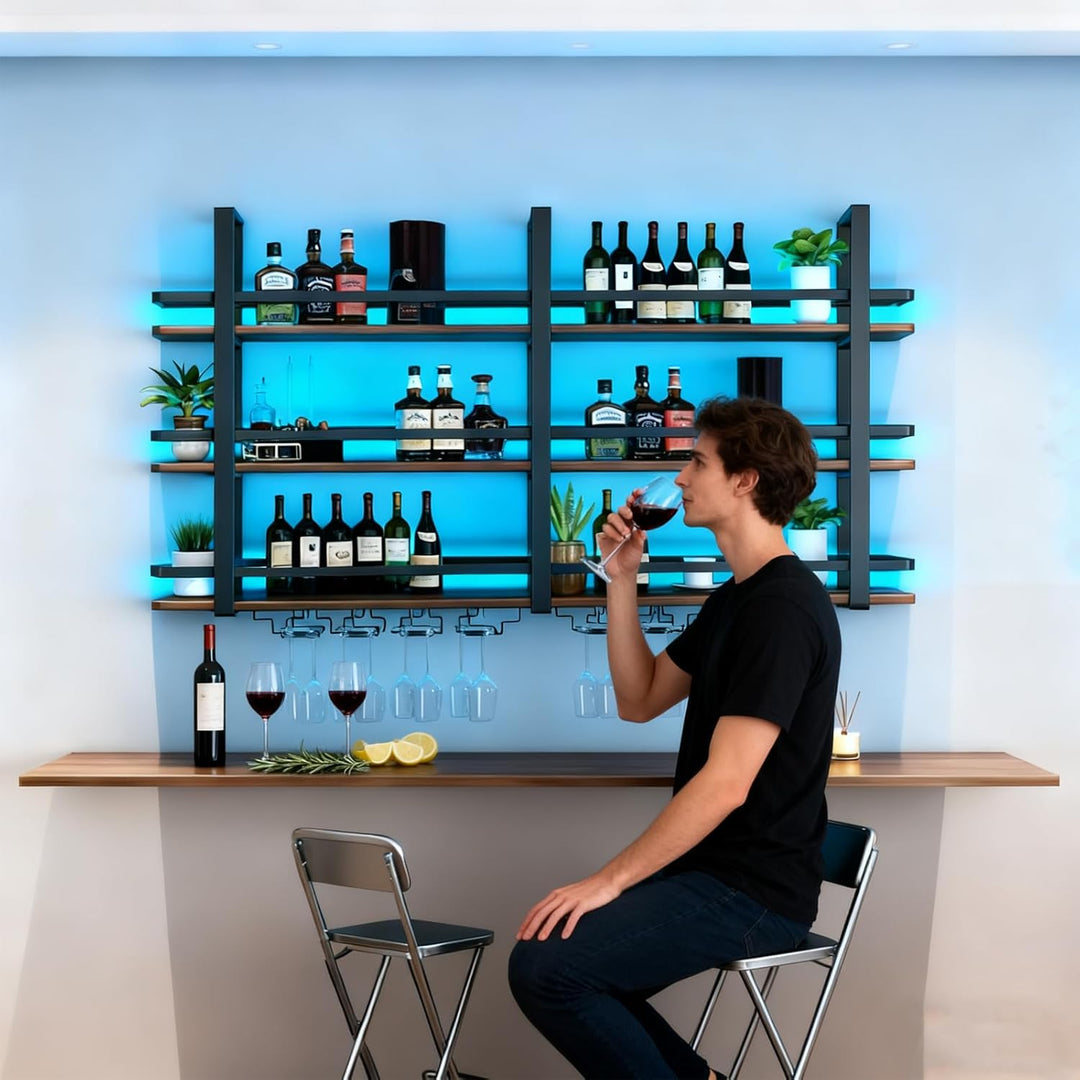Weinregal Wand mit Glashalter, 3 Ebenen Industriell Wandmontierte Weinregal mit LED, Metallflaschenh