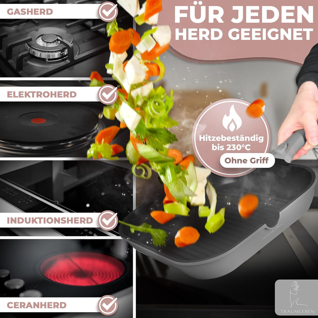 NEU Grillpfanne 28 cm mit Ausguss &amp; abnehmbarem Griff, Antihaftbeschichtung, PFOA-frei, für Induktio