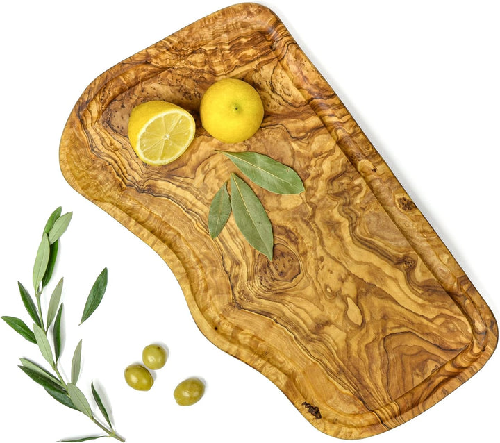 Rustikales Olivenholzbrett mit Saftrille - Handgefertigt - ca. 40 x 20 (+-3 cm) - Servierbrett - Frü