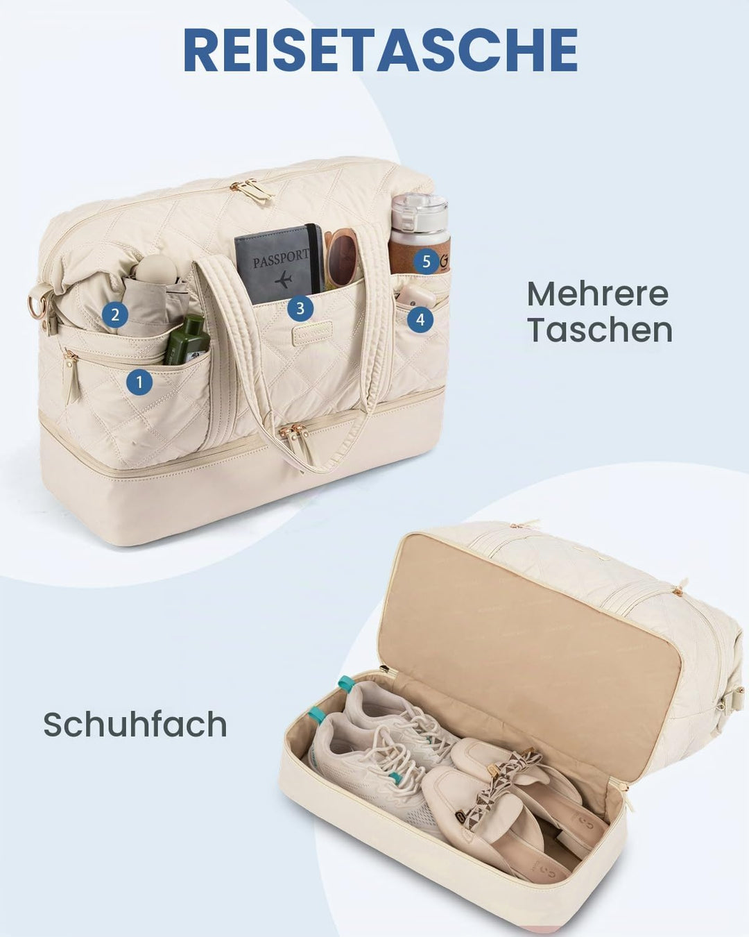 LOVEVOOK Reisetasche, leichte Wochenendtasche für Damen, mit Schuhfach, Puffer Turnbeutel, persönlic