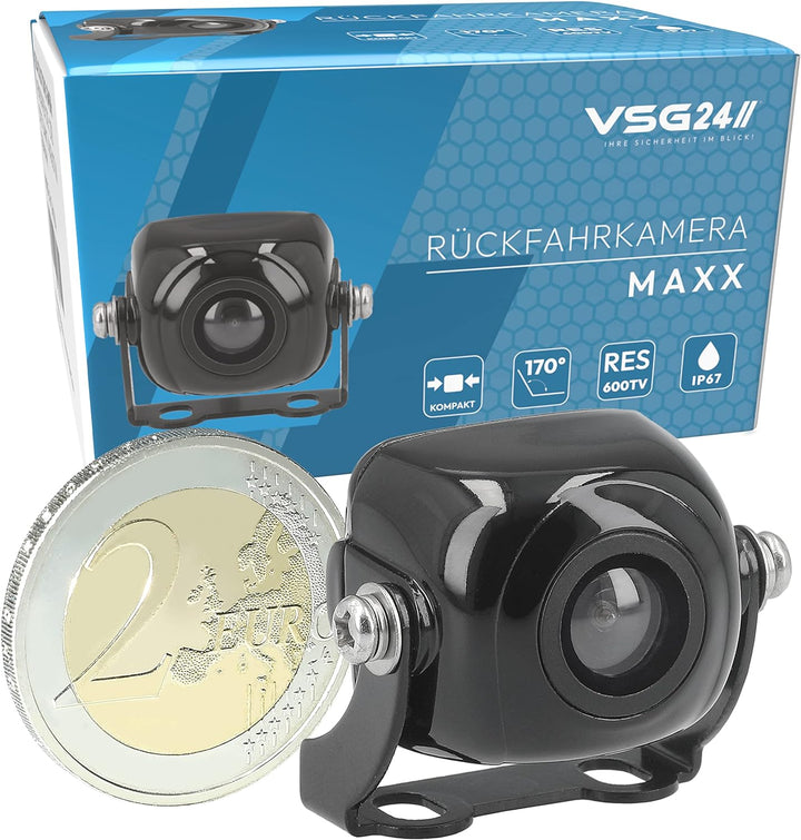 VSG24 23141 – Mini Rückfahrkamera, Kleine Kamera inkl. Verlängerungskabel, Distanzlinien-Anzeige, Fl
