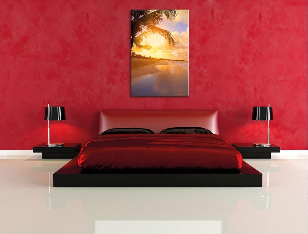 Pixxprint Strand Meer Sonnenuntergang Steine Sand, Format: 100x70 auf Leinwand, 100x70