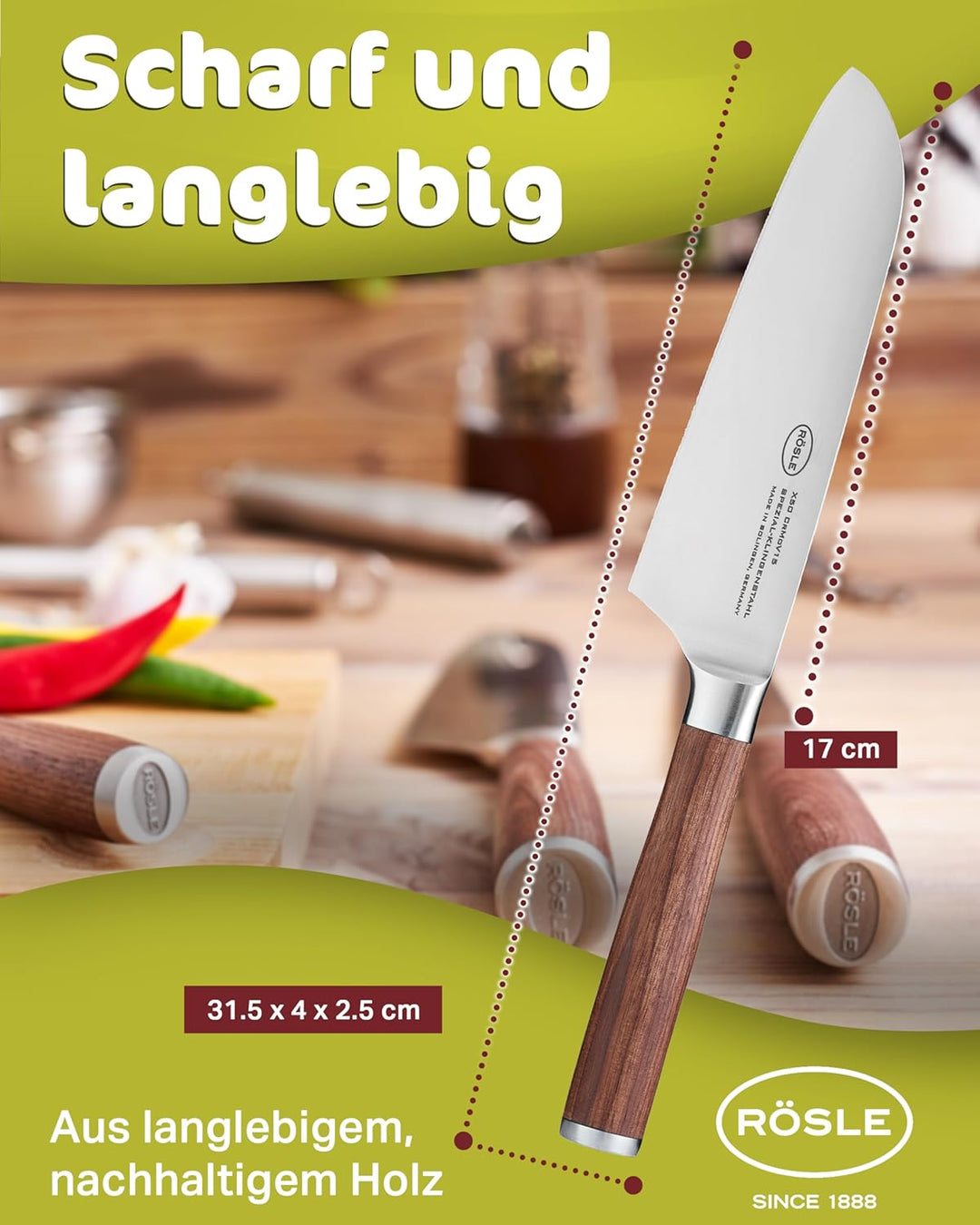 RÖSLE Santokumesser Masterclass, Hochwertiges Küchenmesser zum feinen Schneiden von Fleisch, Fisch u