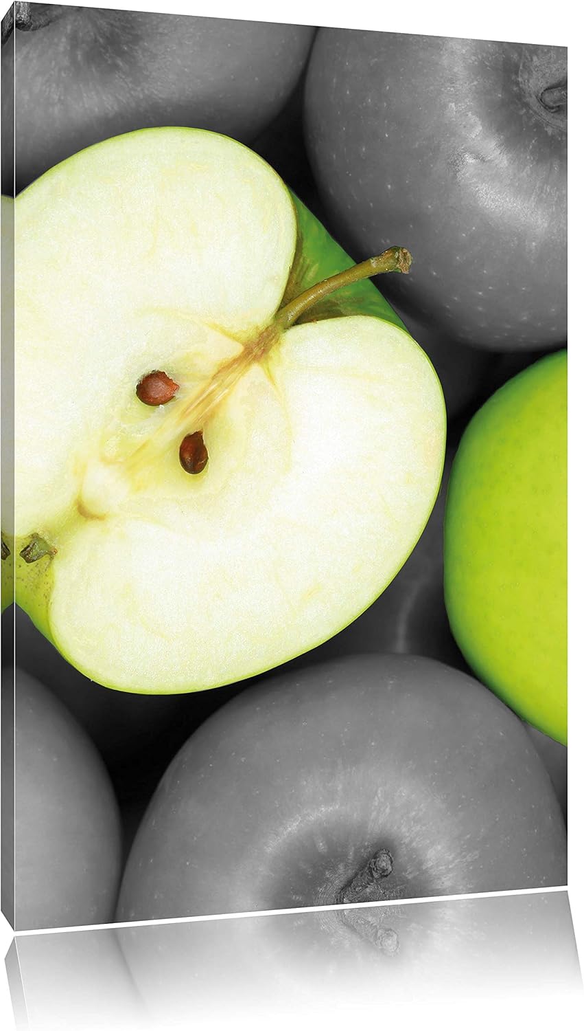 Pixxprint saftige grüne Äpfel schwarz/weiss, Format: 70x100 auf hochkantiges Leinwand, 70x100