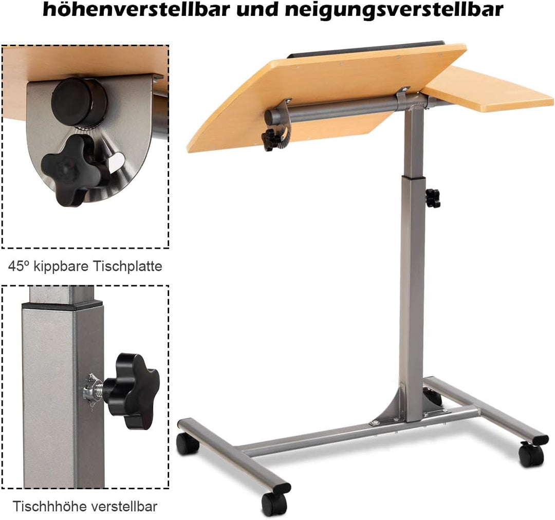 COSTWAY Laptoptisch höhenverstellbar und neigungsverstellbar, Pflegetisch mit Rollen, Notebooktisch