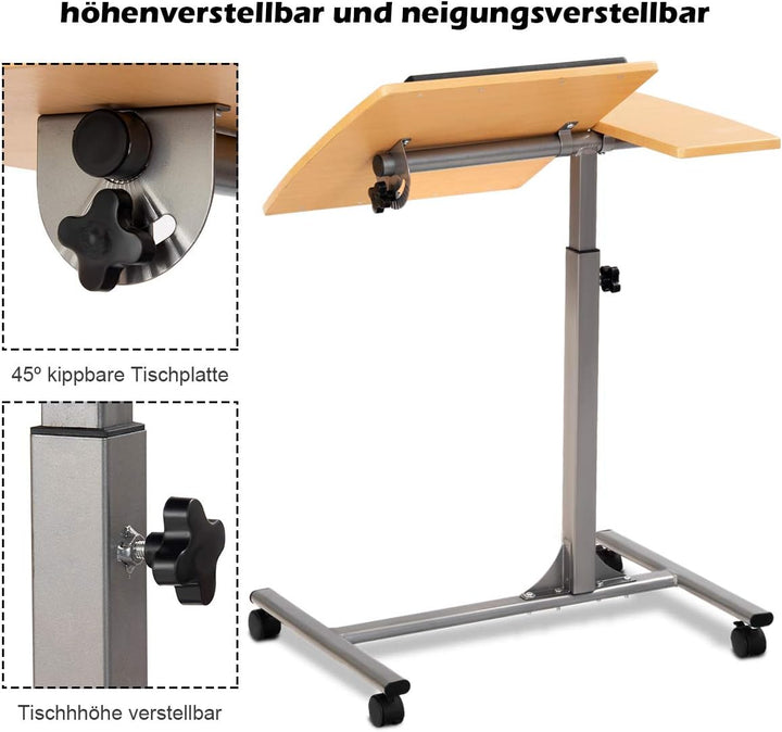 COSTWAY Laptoptisch höhenverstellbar und neigungsverstellbar, Pflegetisch mit Rollen, Notebooktisch