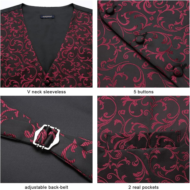 HISDERN Herren FLoral Hochzeit Weste Krawatte Einstecktuch Taschentuch Jacquard Weste Anzug Set M Sc
