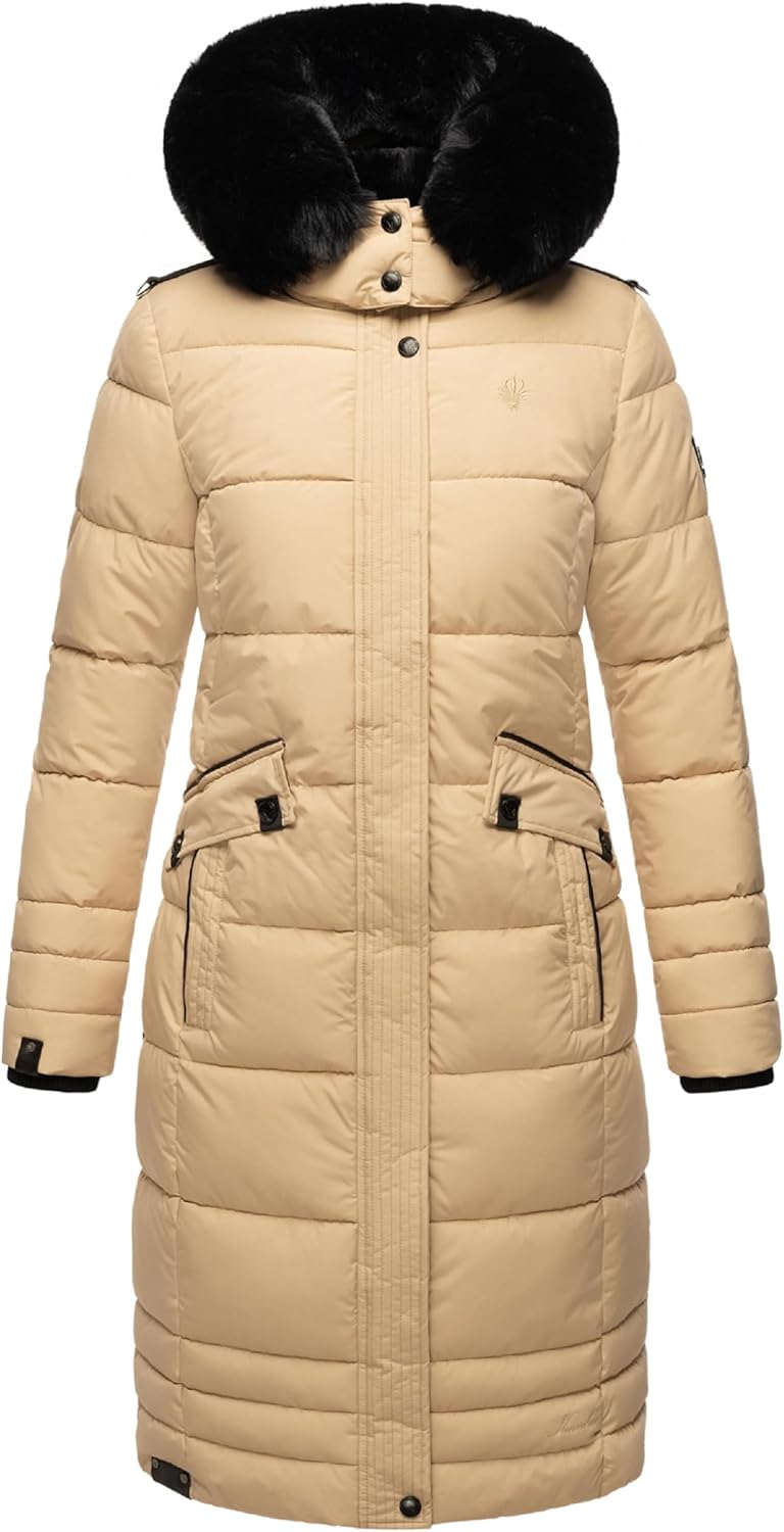Navahoo Damen Wintermantel Warmer Steppmantel lang mit Abnehmbarer Kapuze Fahmiyaa XS-3XL M Beige, M