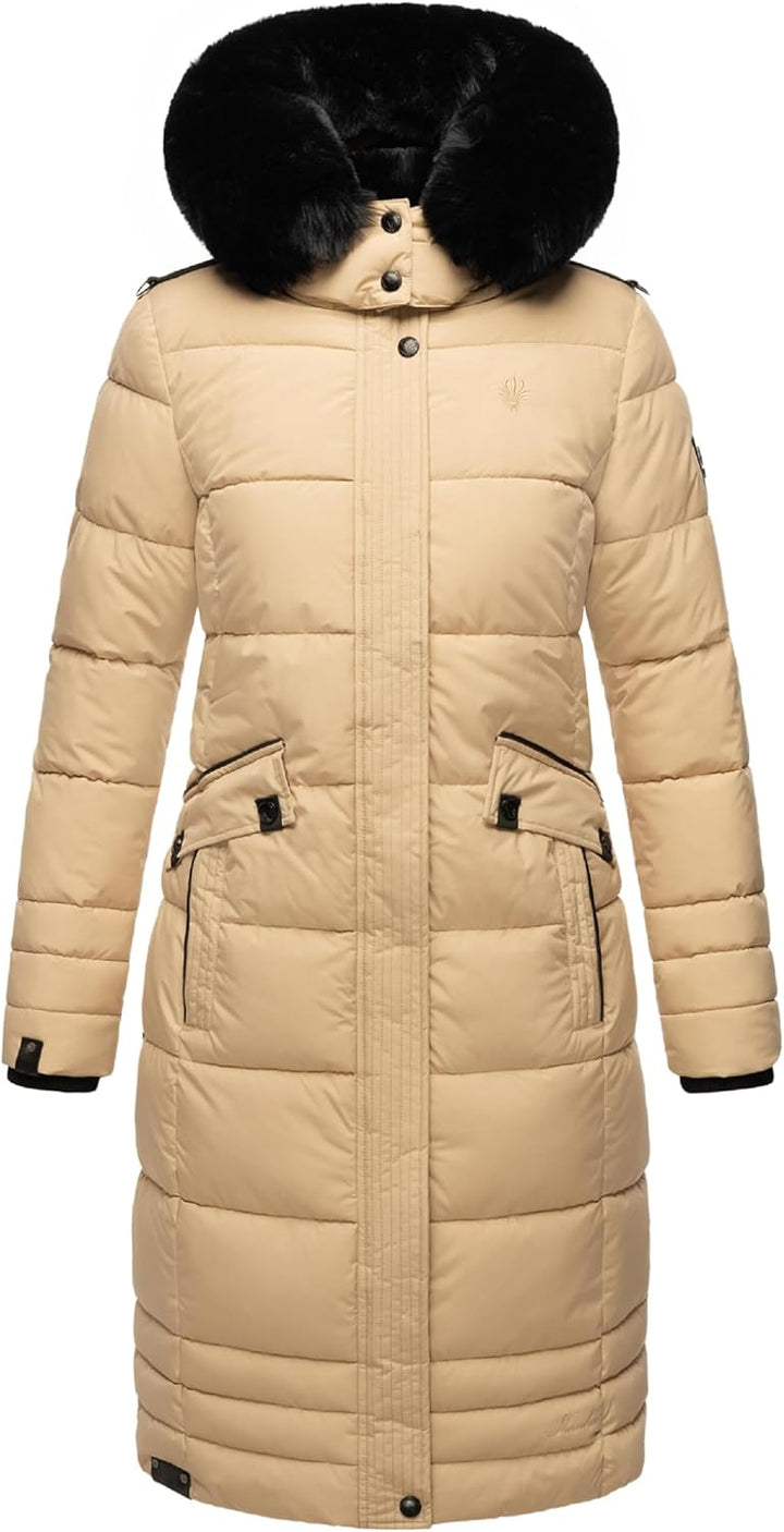 Navahoo Damen Wintermantel Warmer Steppmantel lang mit Abnehmbarer Kapuze Fahmiyaa XS-3XL M Beige, M