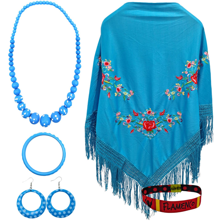 Schal mit Blumenstickerei mit Zubehör Blau, 3 Blumen, Blau, 3 Blumen