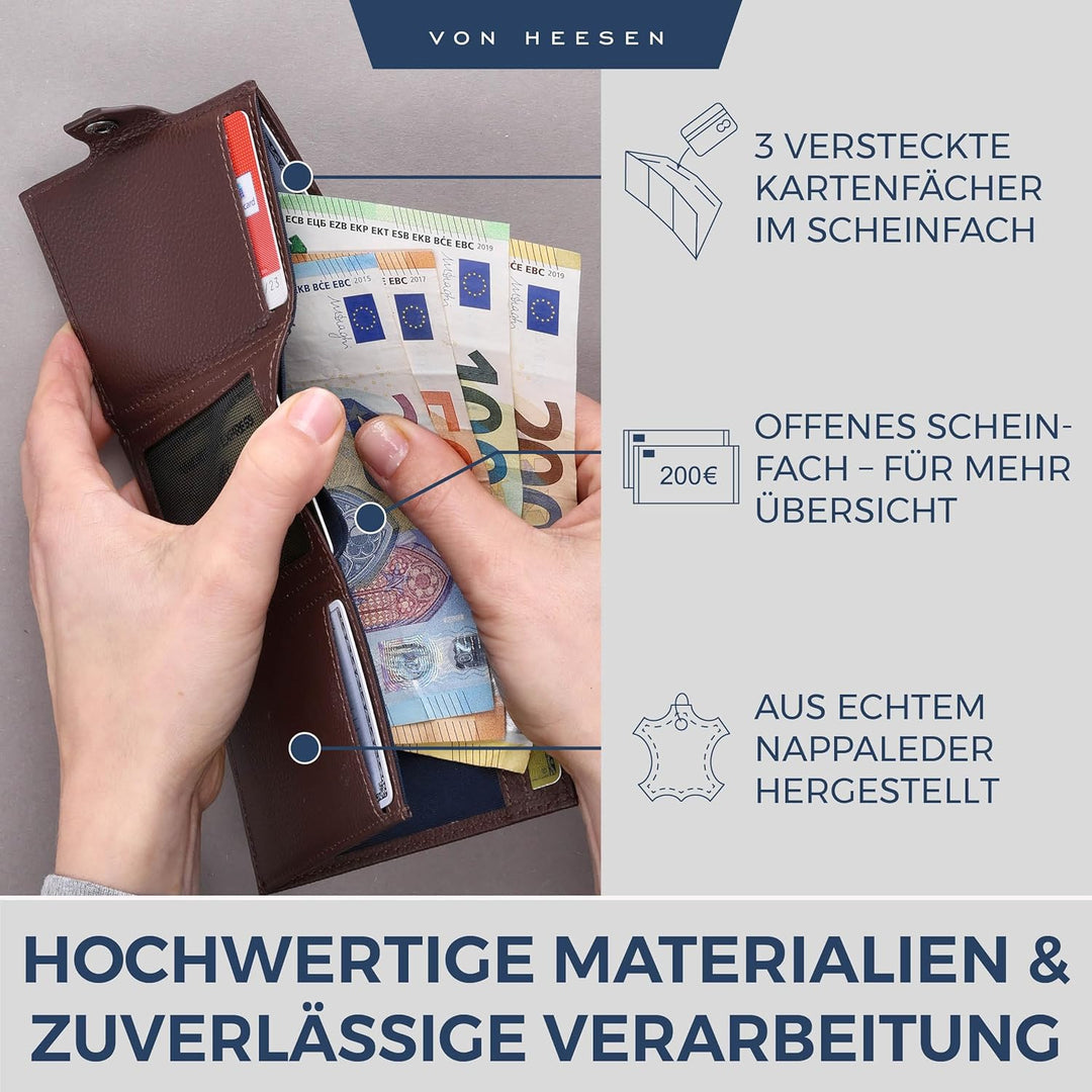 VON HEESEN Slim Wallet mit XXL Münzfach & RFID-Schutz - Leder Geldbeutel - Mini Geldbörse für Herren