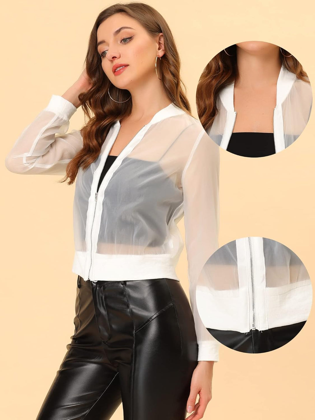 Allegra K Damen Sommer Jacke Langarm Reissverschluss Durchsichtige Transparente Leichte Bomberjacke