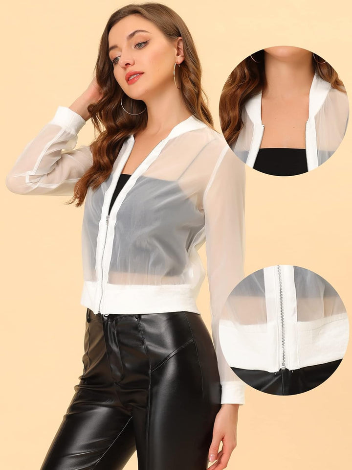 Allegra K Damen Sommer Jacke Langarm Reissverschluss Durchsichtige Transparente Leichte Bomberjacke