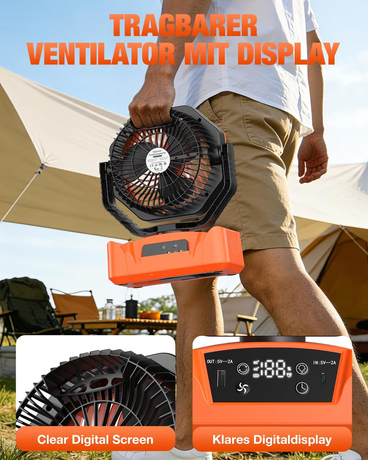 Camping Ventilator mit 24000mAh Akku Wiederaufladbar, HD Digitalanzeige |USB| LED-Licht| Timer, 6 Ge