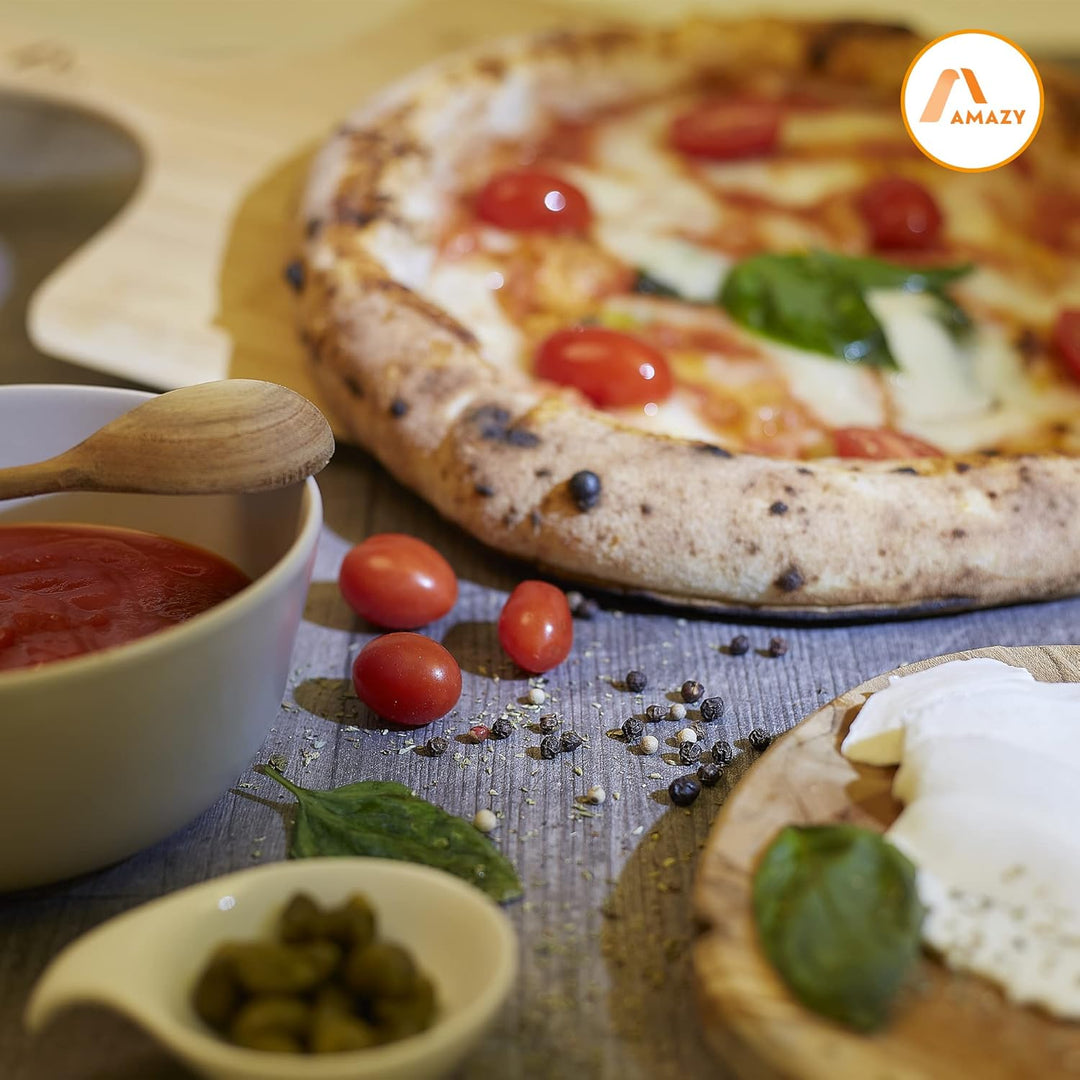 Amazy Pizzastein inkl. Aluminium Pizzaschaufel, Dauerbackfolie und Rezepte Heft – Der hitzebeständig
